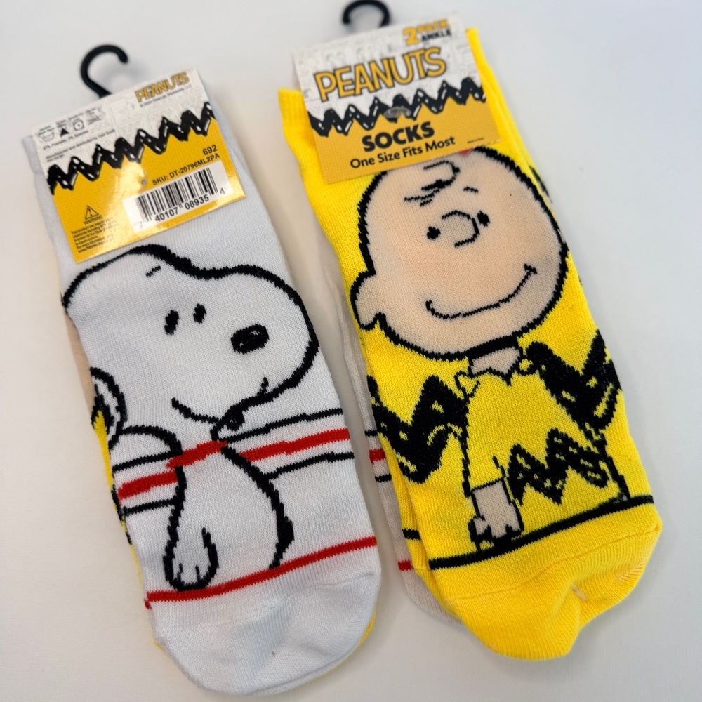 Peanuts Character Ankle Socks - Snoopy & Charlie Brown (White, Yellow) 2 pack